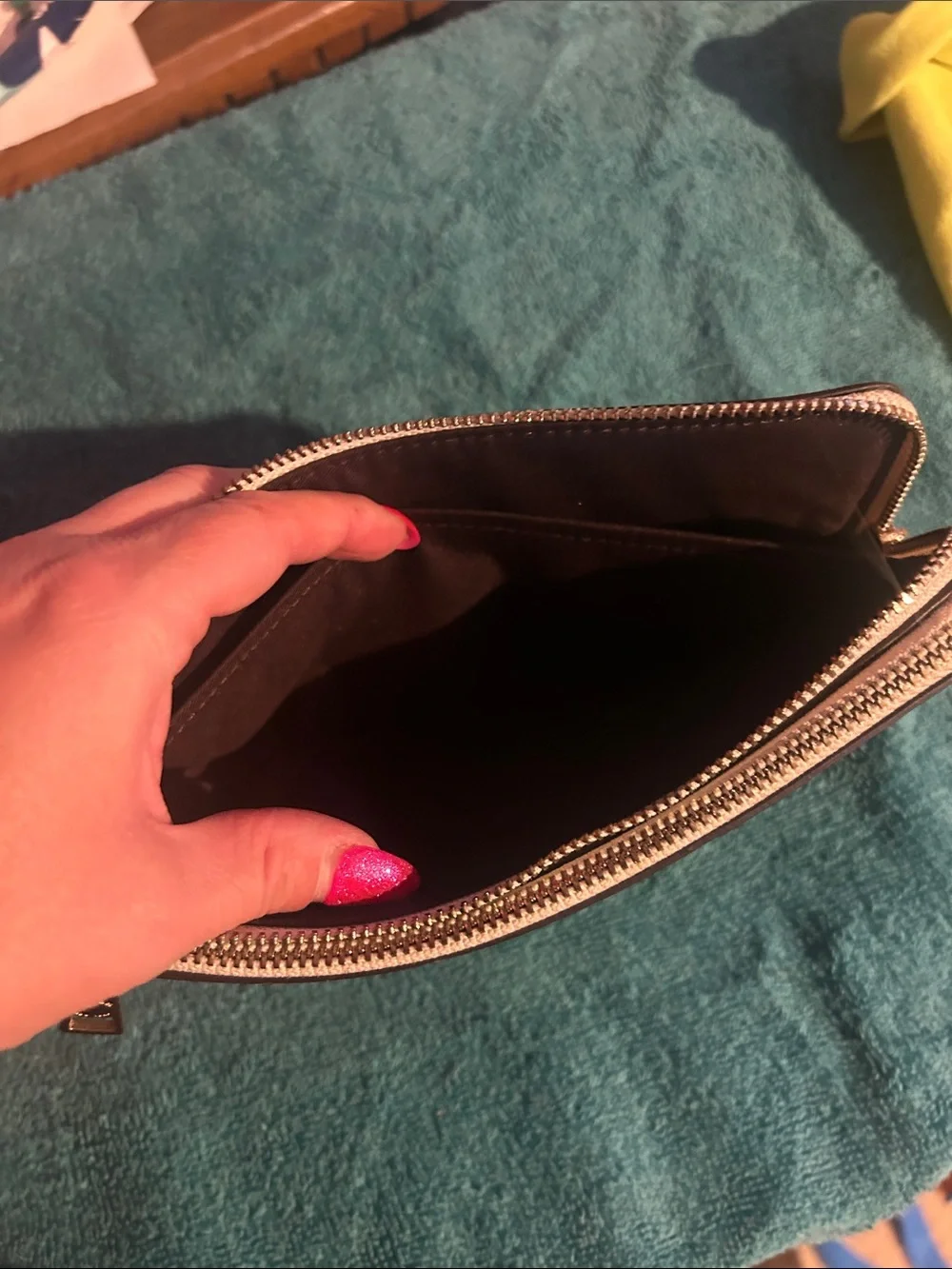 Coach Tan Signature Zip Wristlet with Logo Print